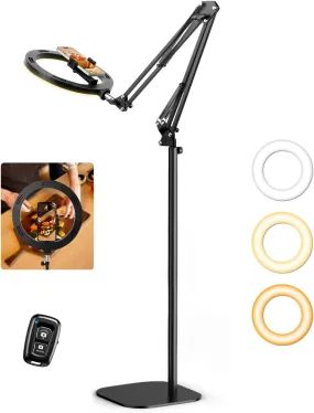 10” Ring Light Tripod with Overhead Phone Mount Holder & Remote Control for Stellar Video Recording and Streaming on iPhone - Perfect for TikTok, YouTube, and More