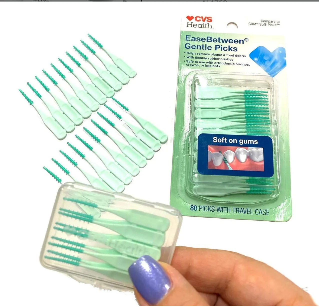 160pcs Premium Soft Bristle EaseBetween Gentle Picks Flexible Rubber Bristles Safe On Braces Bridges Crowns Implants - Includes Convenient Travel Case