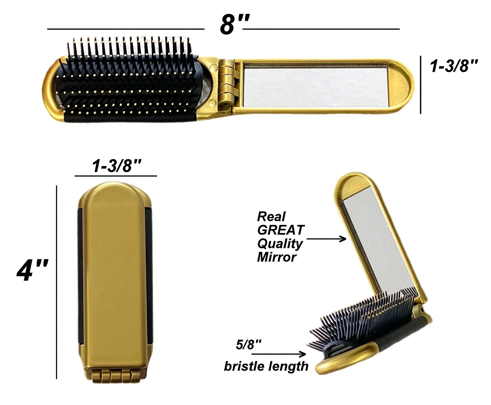 2 GOLD ALAZCO Folding Hair Brush With Mirror Compact Pocket Size Travel Car Gym Bag Purse Locker