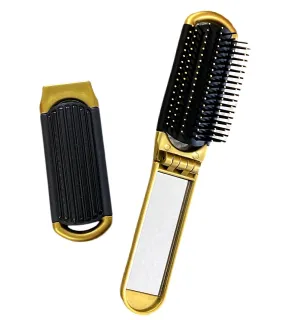 2 GOLD ALAZCO Folding Hair Brush With Mirror Compact Pocket Size Travel Car Gym Bag Purse Locker