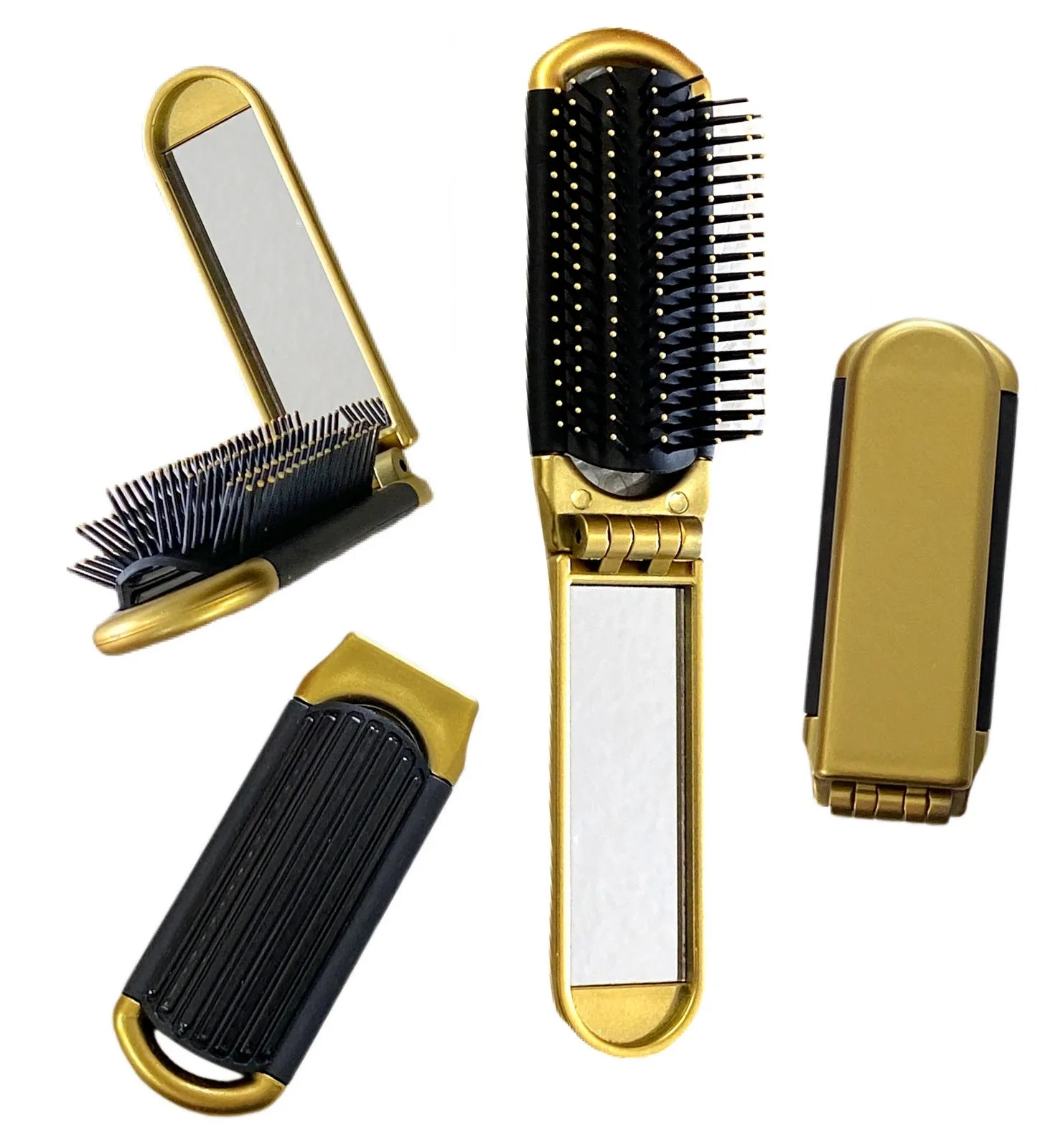 2 GOLD ALAZCO Folding Hair Brush With Mirror Compact Pocket Size Travel Car Gym Bag Purse Locker