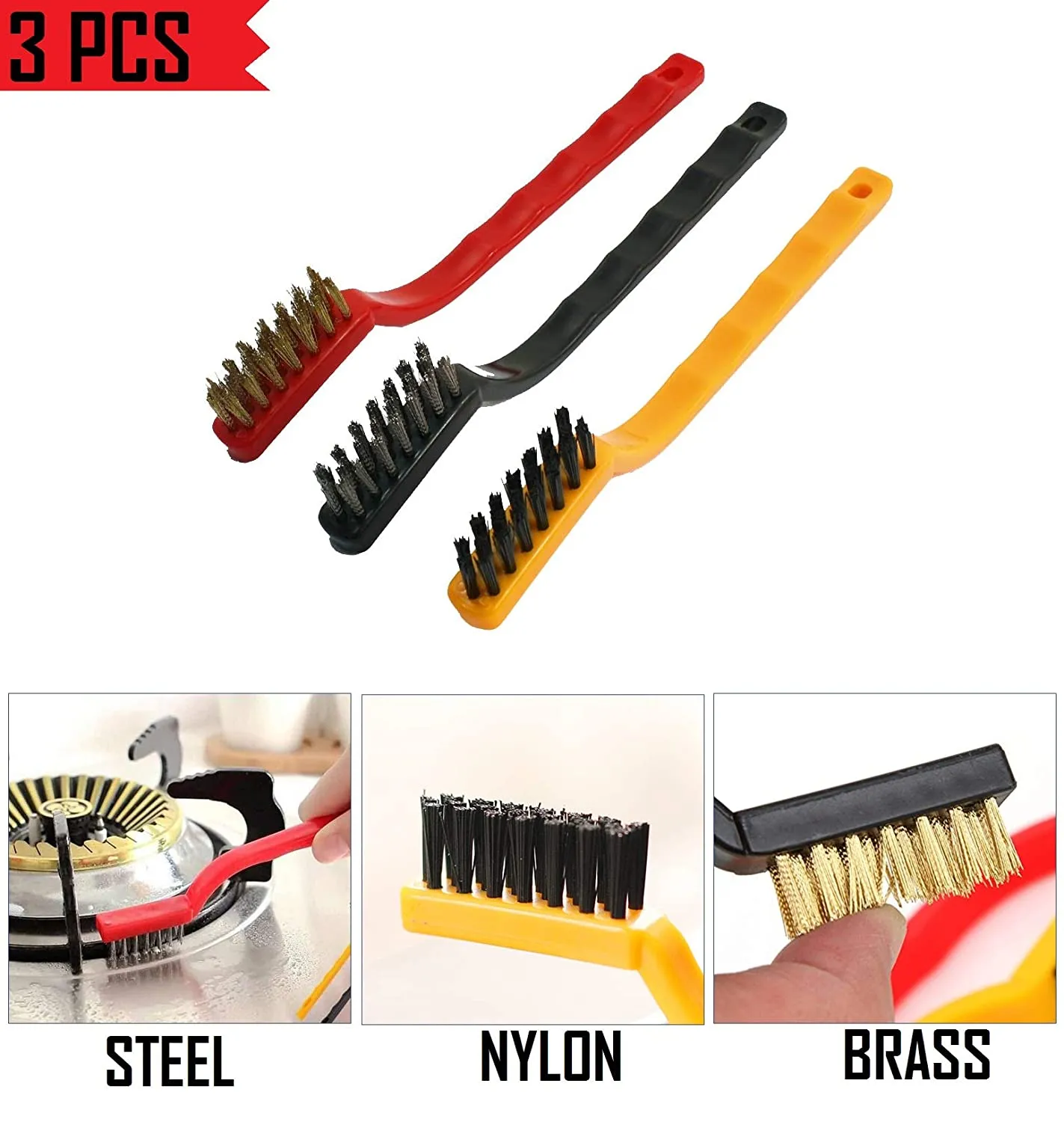 3 PCs Mini Wire Brush Set Brass Nylon Stainless Steel Bristles Household Cleaning Brush