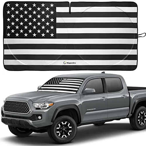 American Flag Windshield Sun Shade, High-Resolution Car Sun Shield with Mirror Cut-Out for Automotive Interior Sun and Heat Protection, Folding Car Sunshade with Storage Bag - Small, Black & White