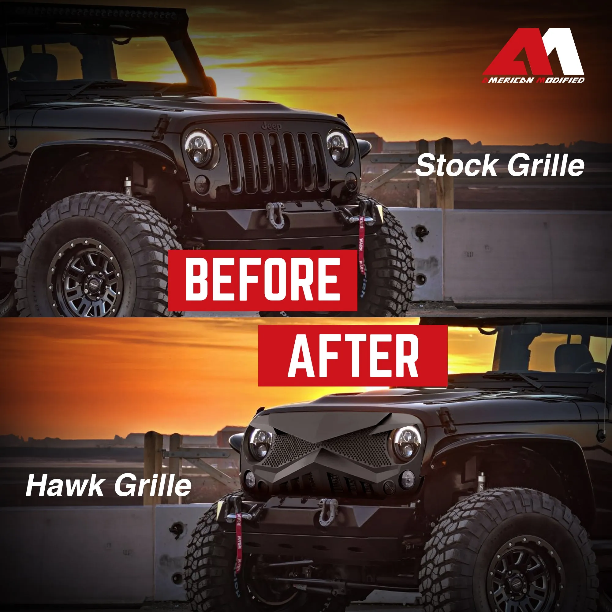 American Modified Front Hawke Grille for 2007 to 2018 Jeep Models, Matte Black