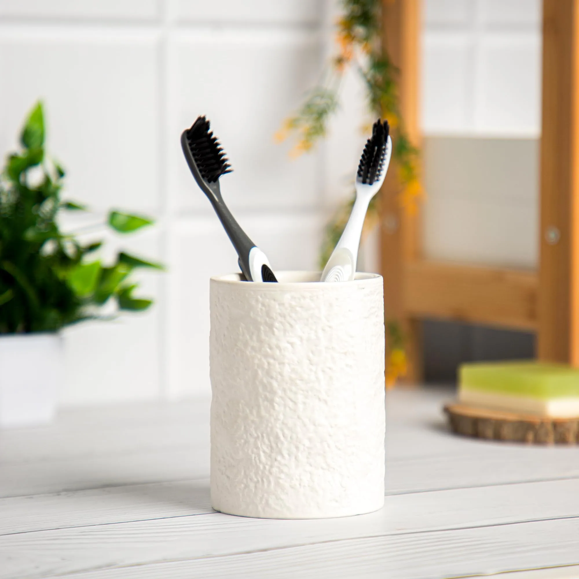 Anko Ceramic Toothbrush Holder for Bathroom | Toothpaste, Makeup Brush Holder for Bathroom | Bathroom Accessories for Wash Basin | Home, Office, Bathroom Organiser | White, Textured