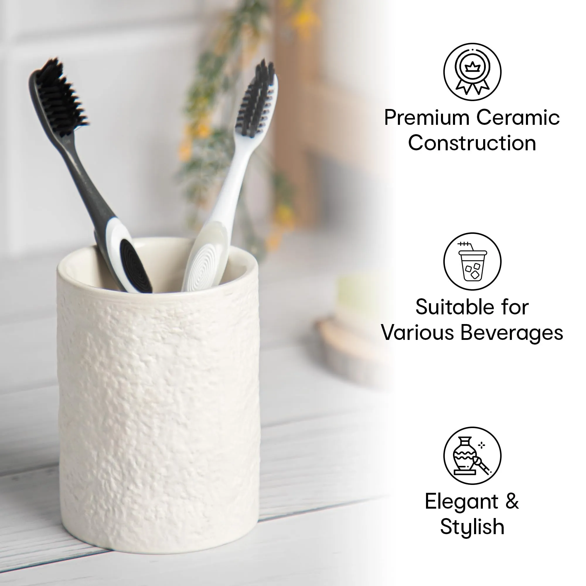 Anko Ceramic Toothbrush Holder for Bathroom | Toothpaste, Makeup Brush Holder for Bathroom | Bathroom Accessories for Wash Basin | Home, Office, Bathroom Organiser | White, Textured