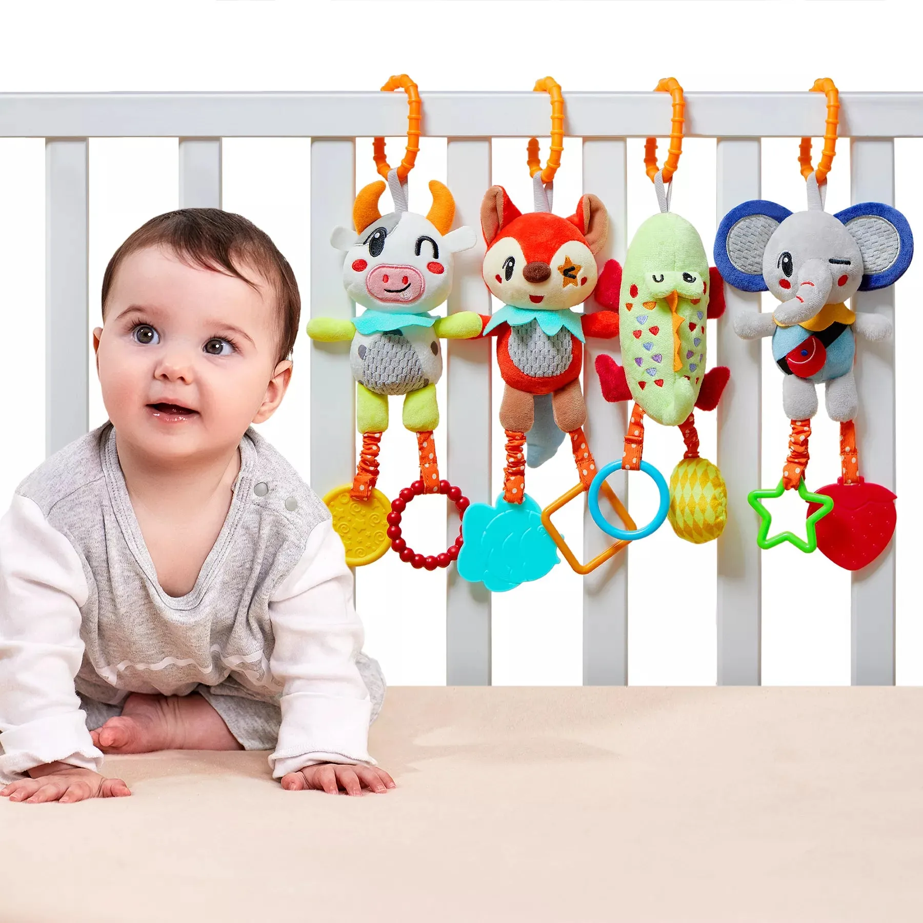 Baby hanging crib rattle toys cow fox alligator elephant car seat stroller soft plush rattles toy set for baby infant 0 Month 