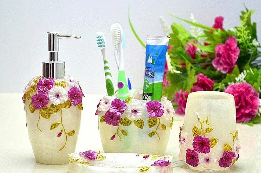 Bathroom Accessories Sets Pastoral Floral Lotion Dispenser Toothbrush Holder Tumbler Cup Soap Dish 5pcs