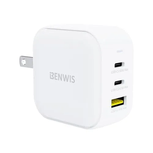 BENWIS USB C Charger Block, 65W GaN Fast Charger 3.0 QC PD Type C Charging Block Cube 3-Port USB Wall Charger for iPhone 15 14 13 12 11 Pro Max XS, iPad, Samsung Phone, Tablet