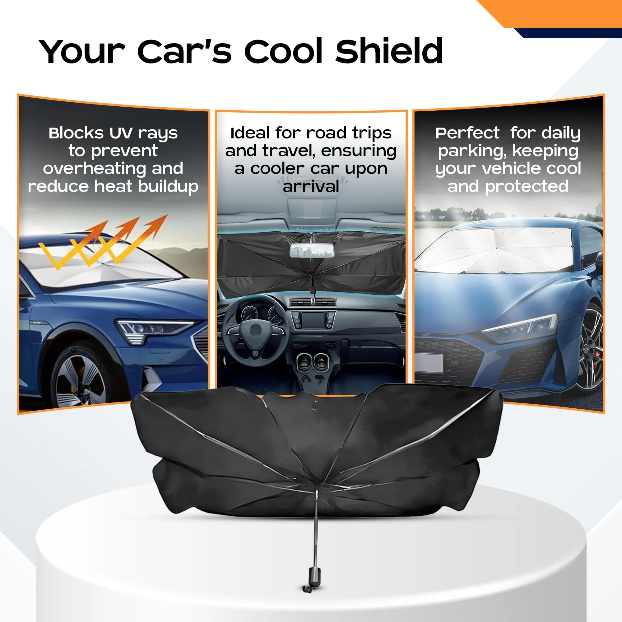 CARBINIC Car Sun Shade Protector (140x79 CM) | Car Windshield Sun Shade | UPF50  Protection & Ti-Coating | Foldable Car Window Sun Shade | Iron-Polyester | Car Umbrella Sun Shade Cover | Universal