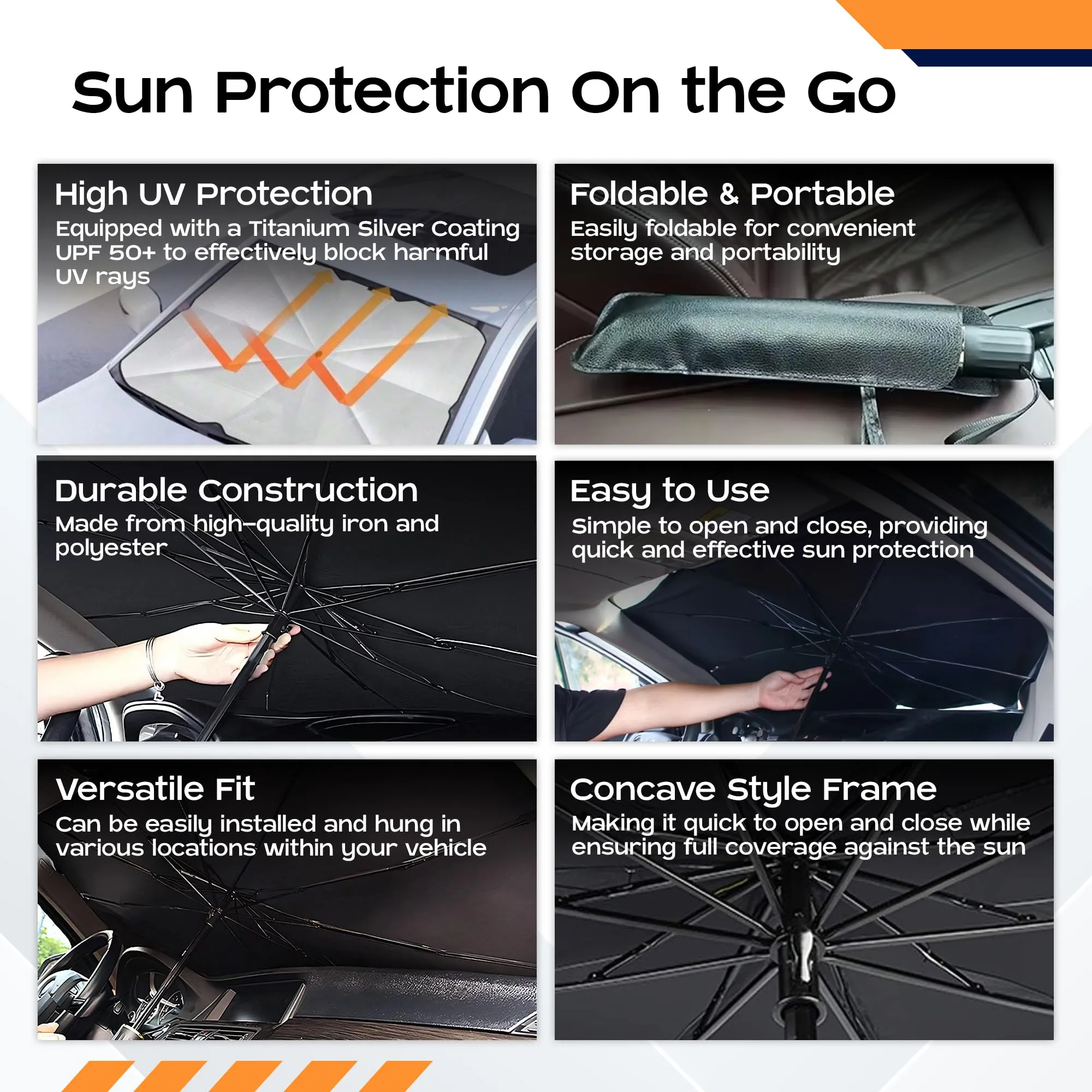 CARBINIC Car Sun Shade Protector (140x79 CM) | Car Windshield Sun Shade | UPF50  Protection & Ti-Coating | Foldable Car Window Sun Shade | Iron-Polyester | Car Umbrella Sun Shade Cover | Universal