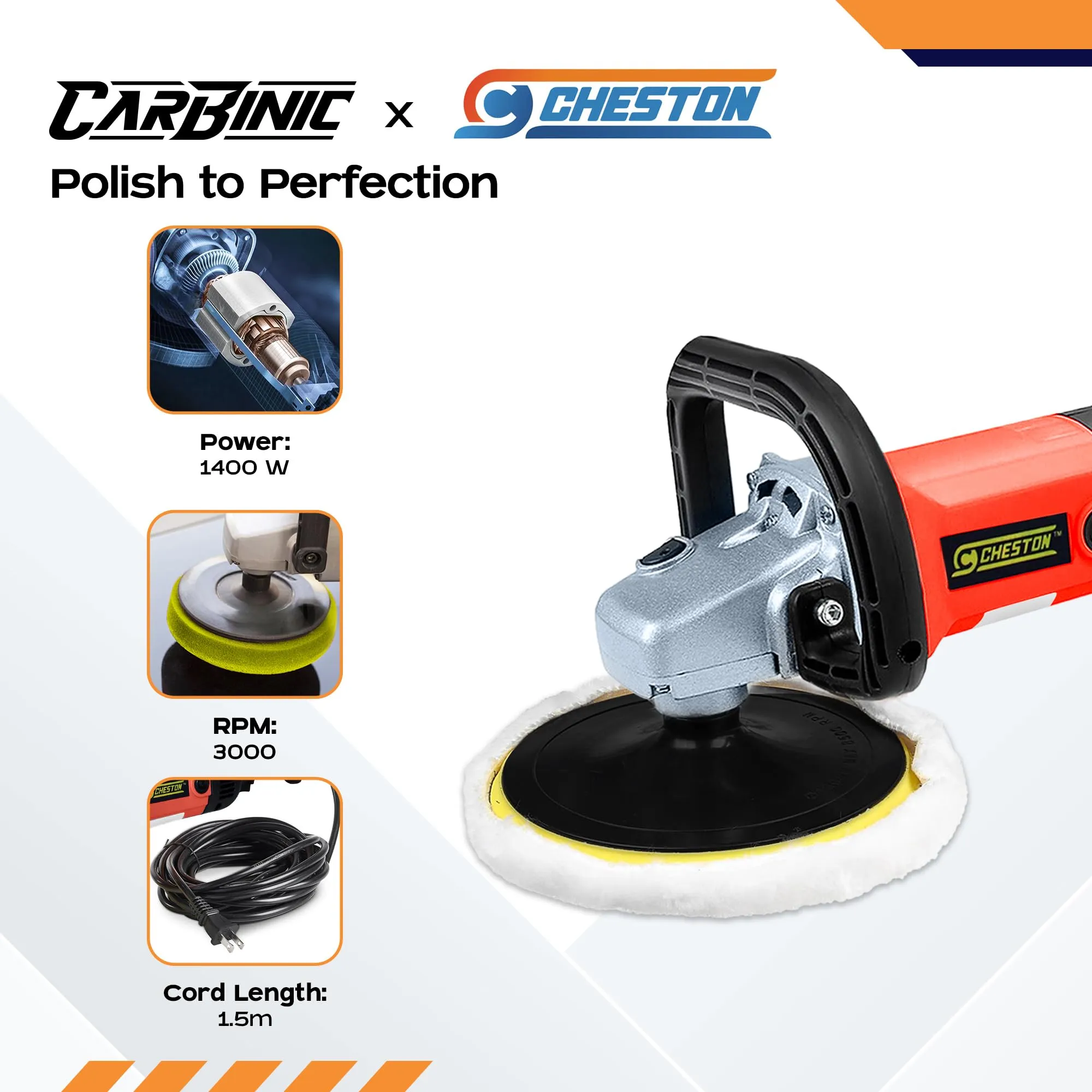 CARBINIC x CHESTON 1400W Car Polish Machine | Car Polishing Machine Ideal for Automobile Maintenance | 180mm Disc | Buffing Machine | Variable Speed Polisher | Polishing Power Tool | 600-3000 RPM