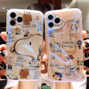 Cartoon Design Cute White Dog and Friends Charlie Sally Linus Blu Ray White & Pink Bling Bling iPhone Case 15 14 13 12 11 XS XR Max Plus mini