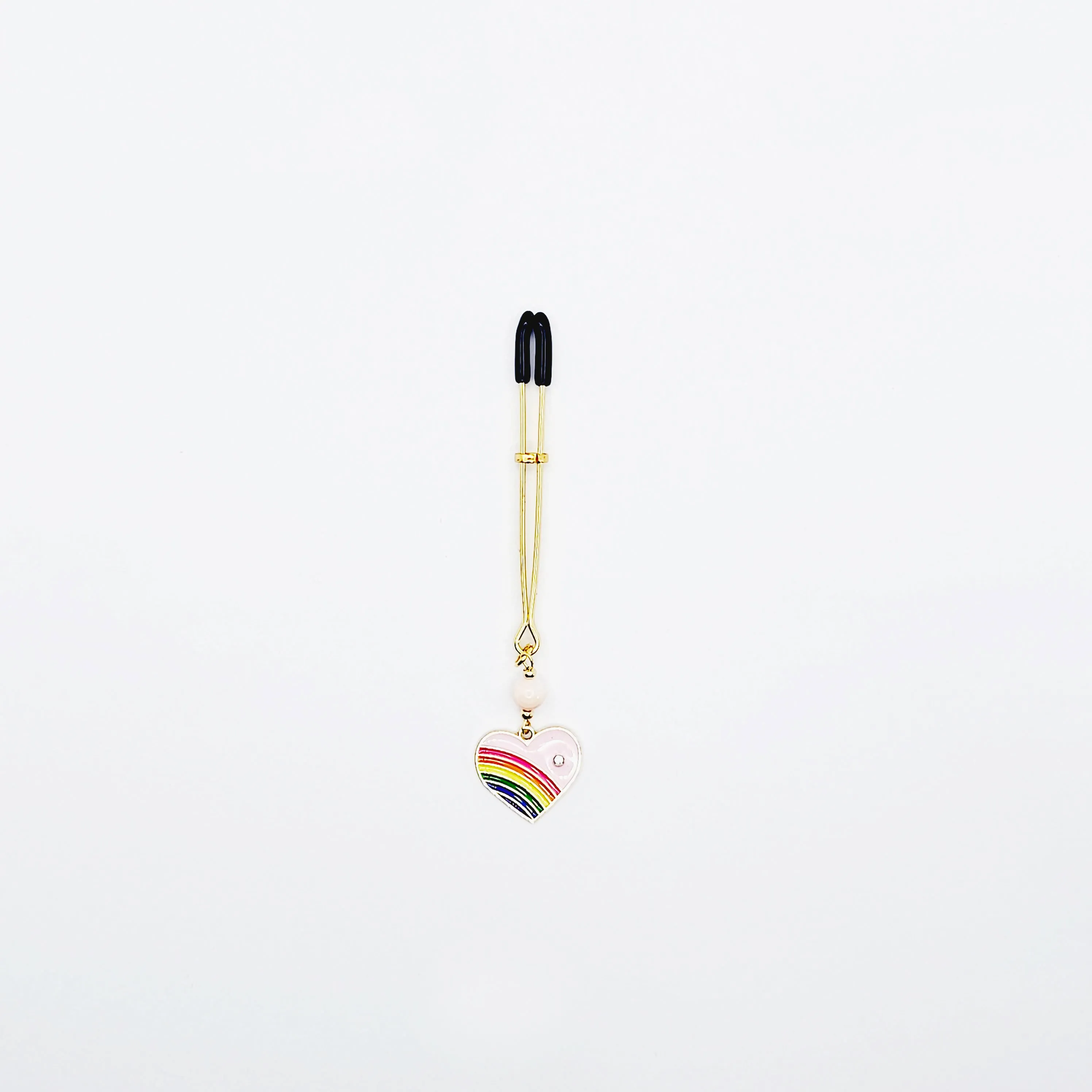 Clitoral Clamp with Rainbow Heart and Rose Quartz. Gold Tweezer Clit Clamp.