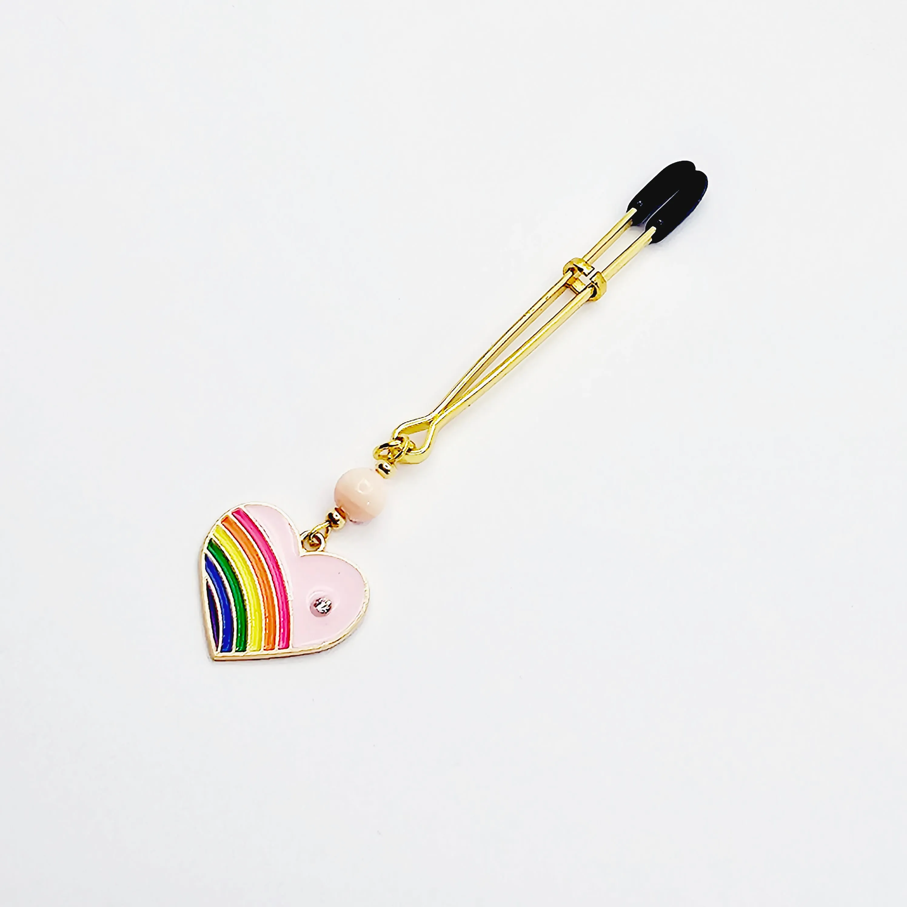 Clitoral Clamp with Rainbow Heart and Rose Quartz. Gold Tweezer Clit Clamp.