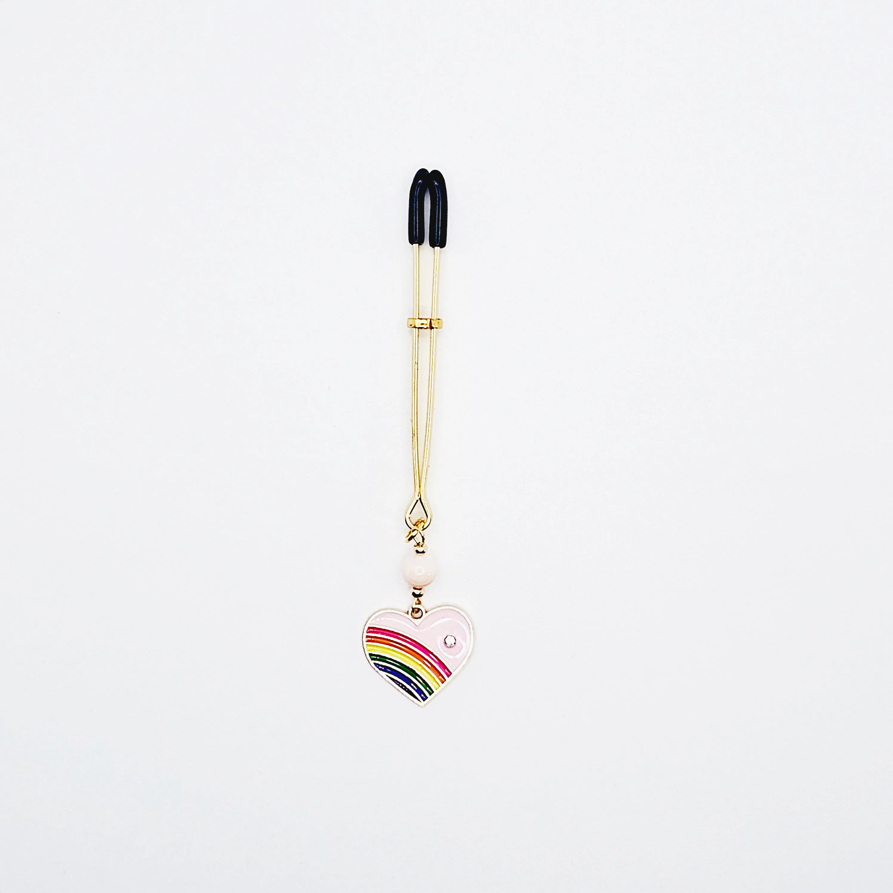 Clitoral Clamp with Rainbow Heart and Rose Quartz. Gold Tweezer Clit Clamp.