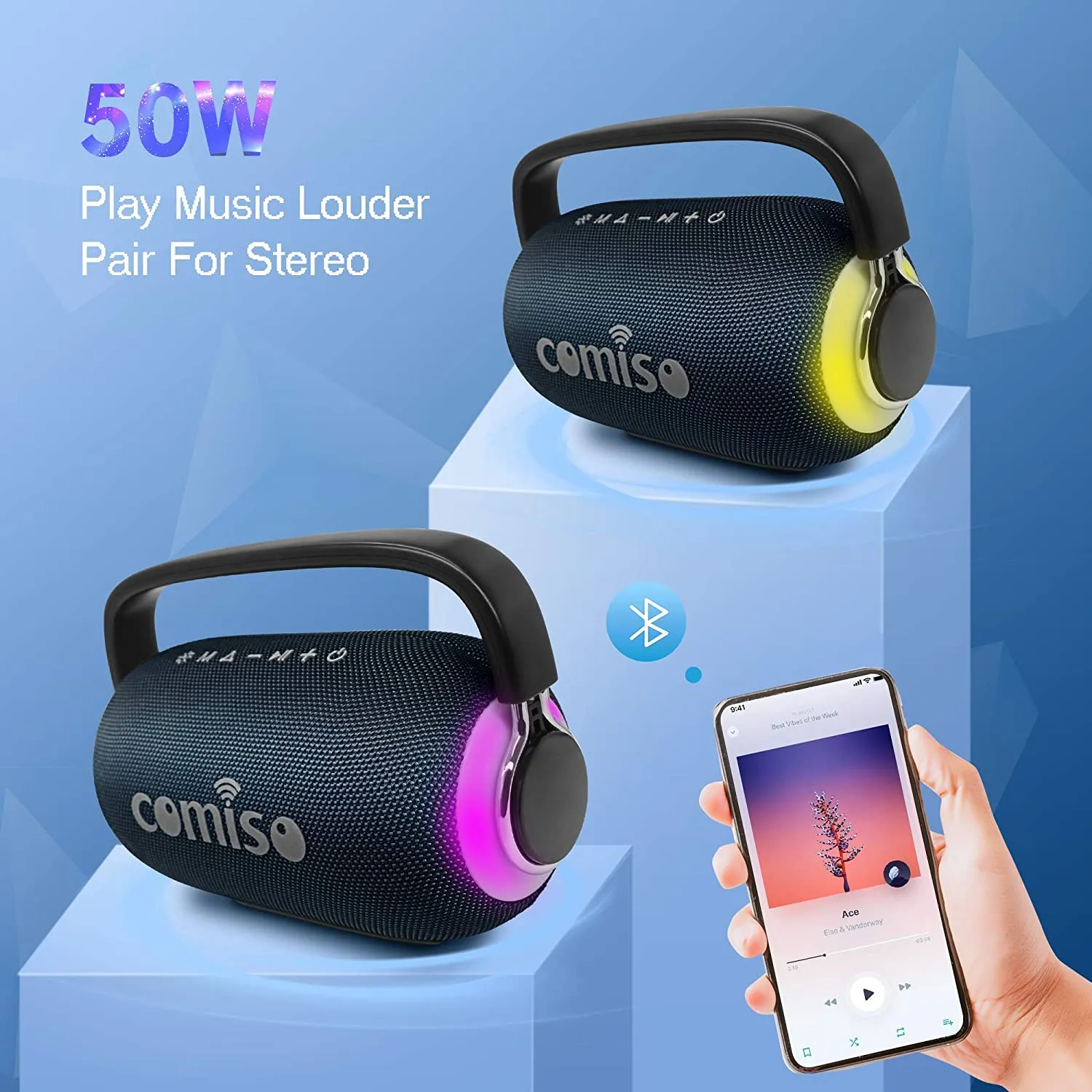 COMISO Portable Wireless Bluetooth Speaker, LED Colorful Light Boombox 25W Deep Bass Superior Audio Waterproof Bluetooth 5.0 Stereo Pair Sound 40H Playback Support TF Card AUX Built in Power Bank