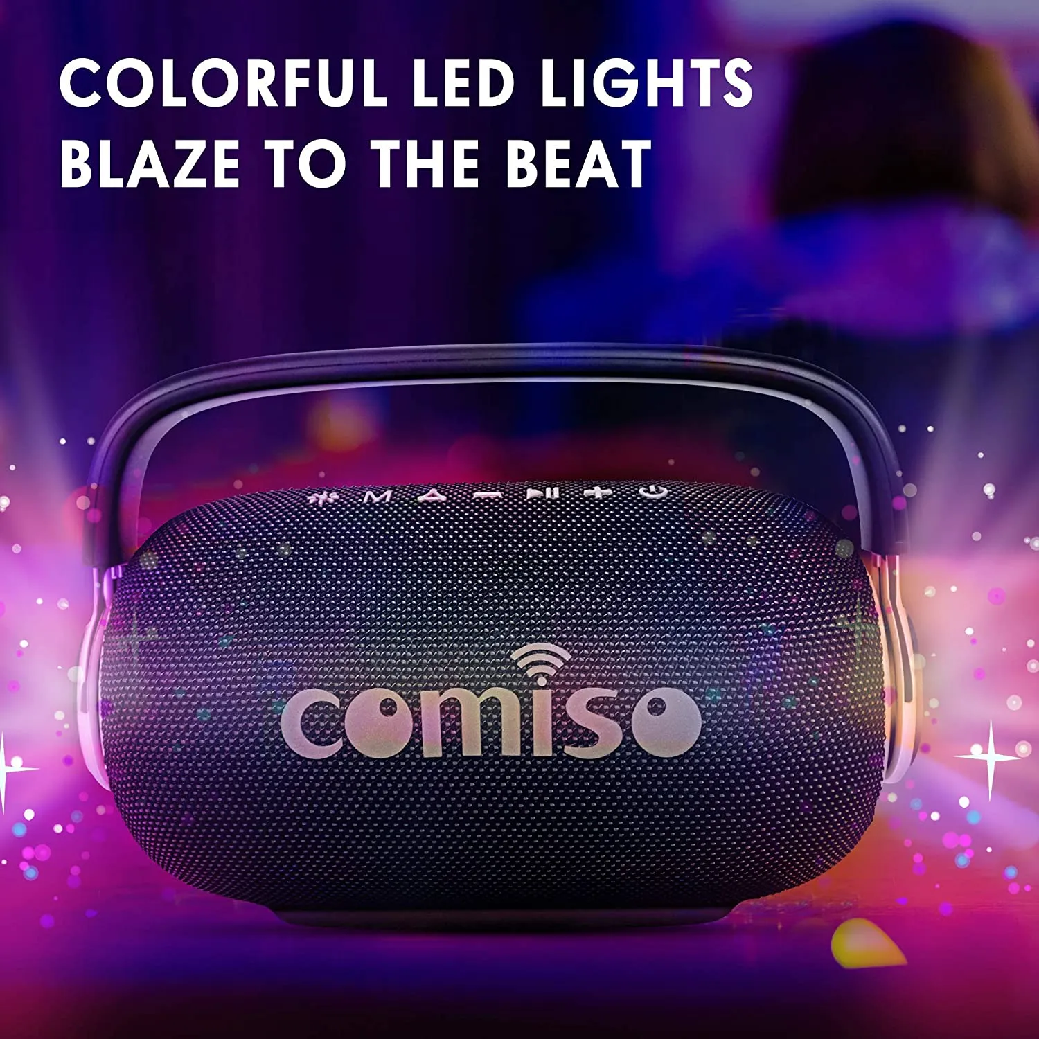 COMISO Portable Wireless Bluetooth Speaker, LED Colorful Light Boombox 25W Deep Bass Superior Audio Waterproof Bluetooth 5.0 Stereo Pair Sound 40H Playback Support TF Card AUX Built in Power Bank