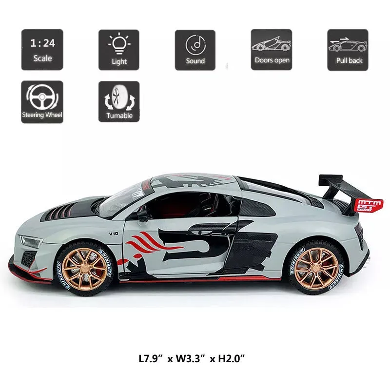 COMPATIBLE FOR 1:24 AUDI R8 MTM TOY CAR MODEL, DIECAST COLLECTIBLE PULLBACK MODEL CAR WITH SOUND AND LIGHT, TOY GIFT VEHICLES FOR  KIDS, BOYS & GIRLS BEST GIFTS TOYS FOR KIDS