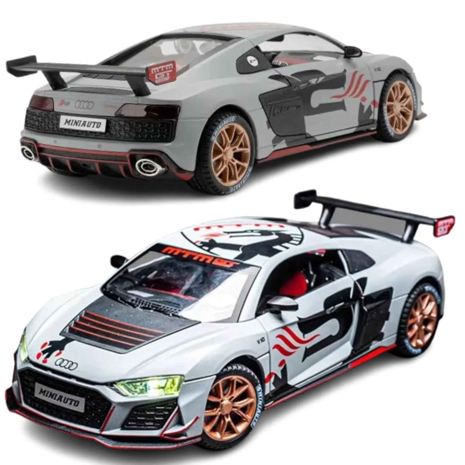 COMPATIBLE FOR 1:24 AUDI R8 MTM TOY CAR MODEL, DIECAST COLLECTIBLE PULLBACK MODEL CAR WITH SOUND AND LIGHT, TOY GIFT VEHICLES FOR  KIDS, BOYS & GIRLS BEST GIFTS TOYS FOR KIDS