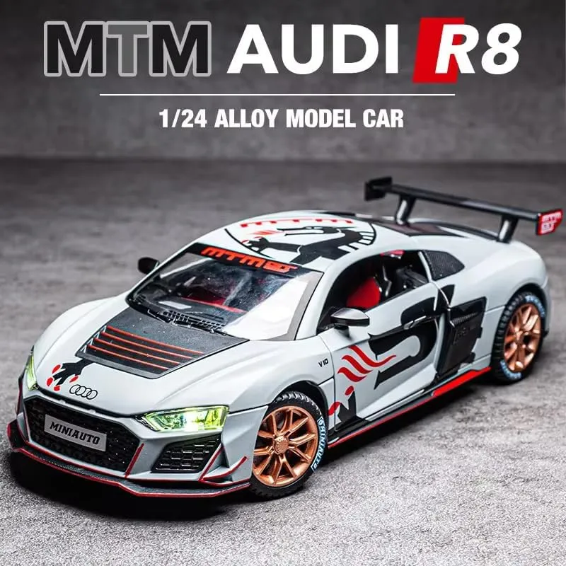 COMPATIBLE FOR 1:24 AUDI R8 MTM TOY CAR MODEL, DIECAST COLLECTIBLE PULLBACK MODEL CAR WITH SOUND AND LIGHT, TOY GIFT VEHICLES FOR  KIDS, BOYS & GIRLS BEST GIFTS TOYS FOR KIDS