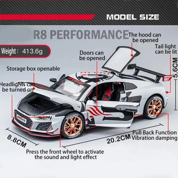 COMPATIBLE FOR 1:24 AUDI R8 MTM TOY CAR MODEL, DIECAST COLLECTIBLE PULLBACK MODEL CAR WITH SOUND AND LIGHT, TOY GIFT VEHICLES FOR  KIDS, BOYS & GIRLS BEST GIFTS TOYS FOR KIDS