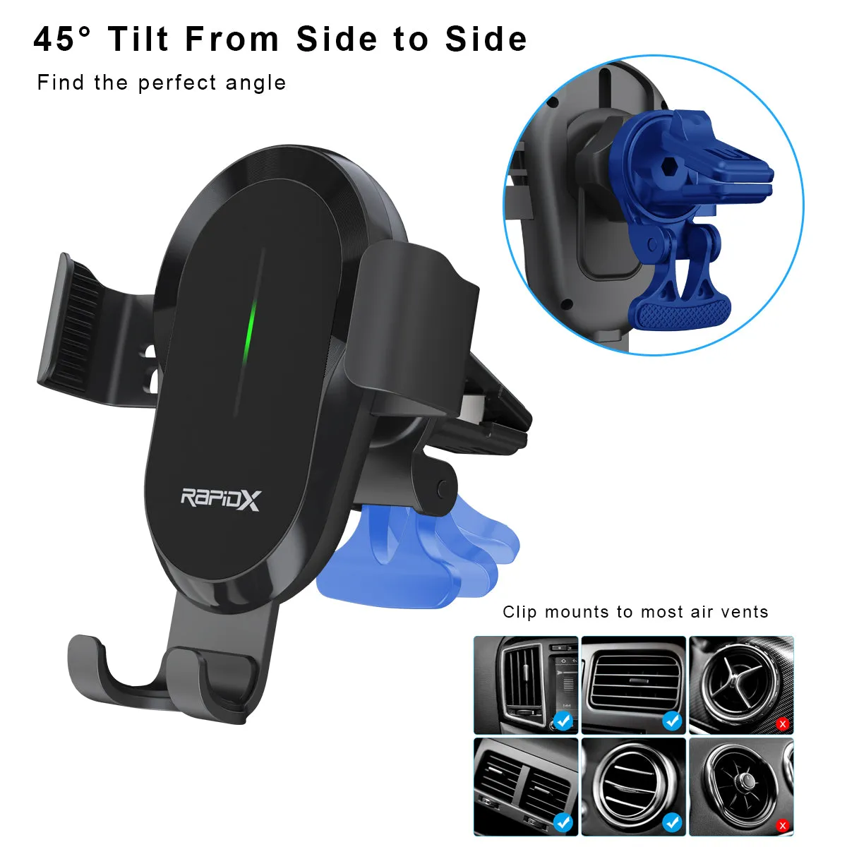 Dashio CW4 Car Vent Mount & Wireless Charger, up to 15W, Slide & Lock Cradle/Clamp, for All Smartphones (iPhone, Samsung, & Other Qi-Enabled Androids)