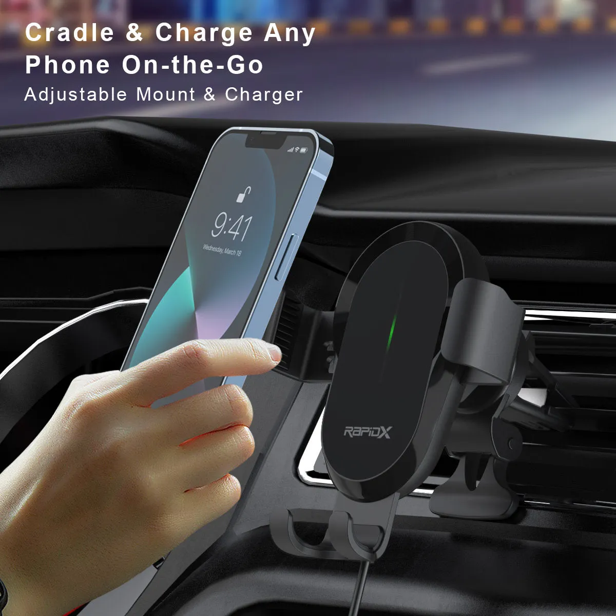 Dashio CW4 Car Vent Mount & Wireless Charger, up to 15W, Slide & Lock Cradle/Clamp, for All Smartphones (iPhone, Samsung, & Other Qi-Enabled Androids)