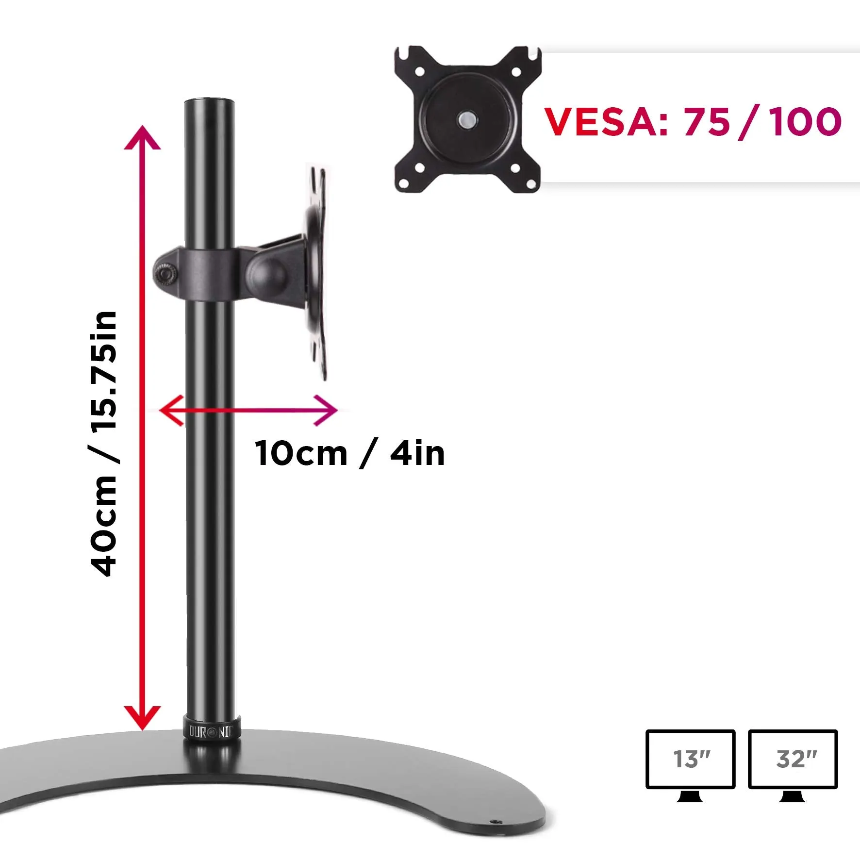 Duronic Monitor Stand DM15D1, Monitor Arm for 13-32” PC LED Screens, Adjustable Tilt Single Monitor Mount, Gaming Monitor Desk Mount with VESA 75 100, Monitor Riser for Work & Home Office Desk