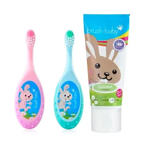 FlossBrush™ Baby Bristles Toothbrush (0-3 Years) Double Pack Pink & Teal With Applemint Baby Toothpaste