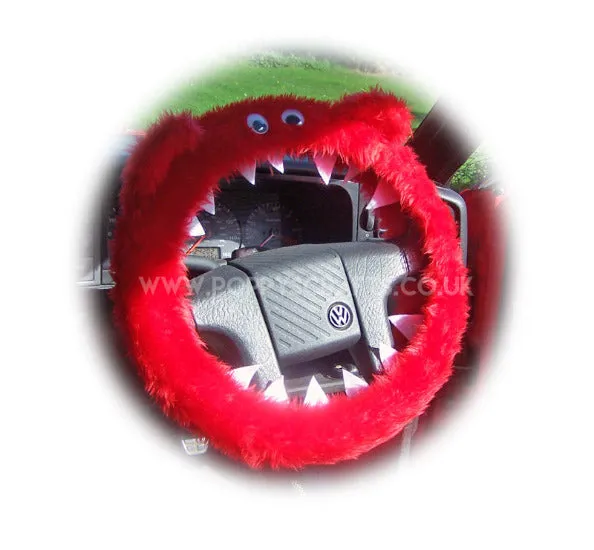 Fuzzy faux fur Red Monster steering wheel cover