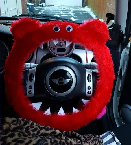 Fuzzy faux fur Red Monster steering wheel cover