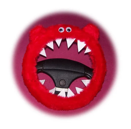 Fuzzy faux fur Red Monster steering wheel cover