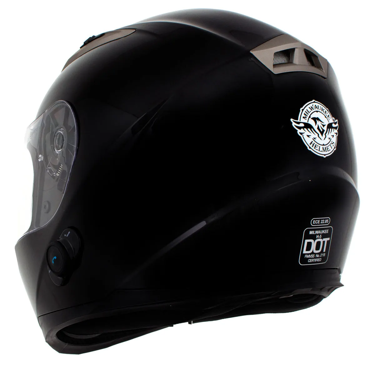 H510 Gloss Black 'Chit-Chat' Full Face Motorcycle Helmet w/ Intercom - Built-in Speaker and Microphone for Men / Women