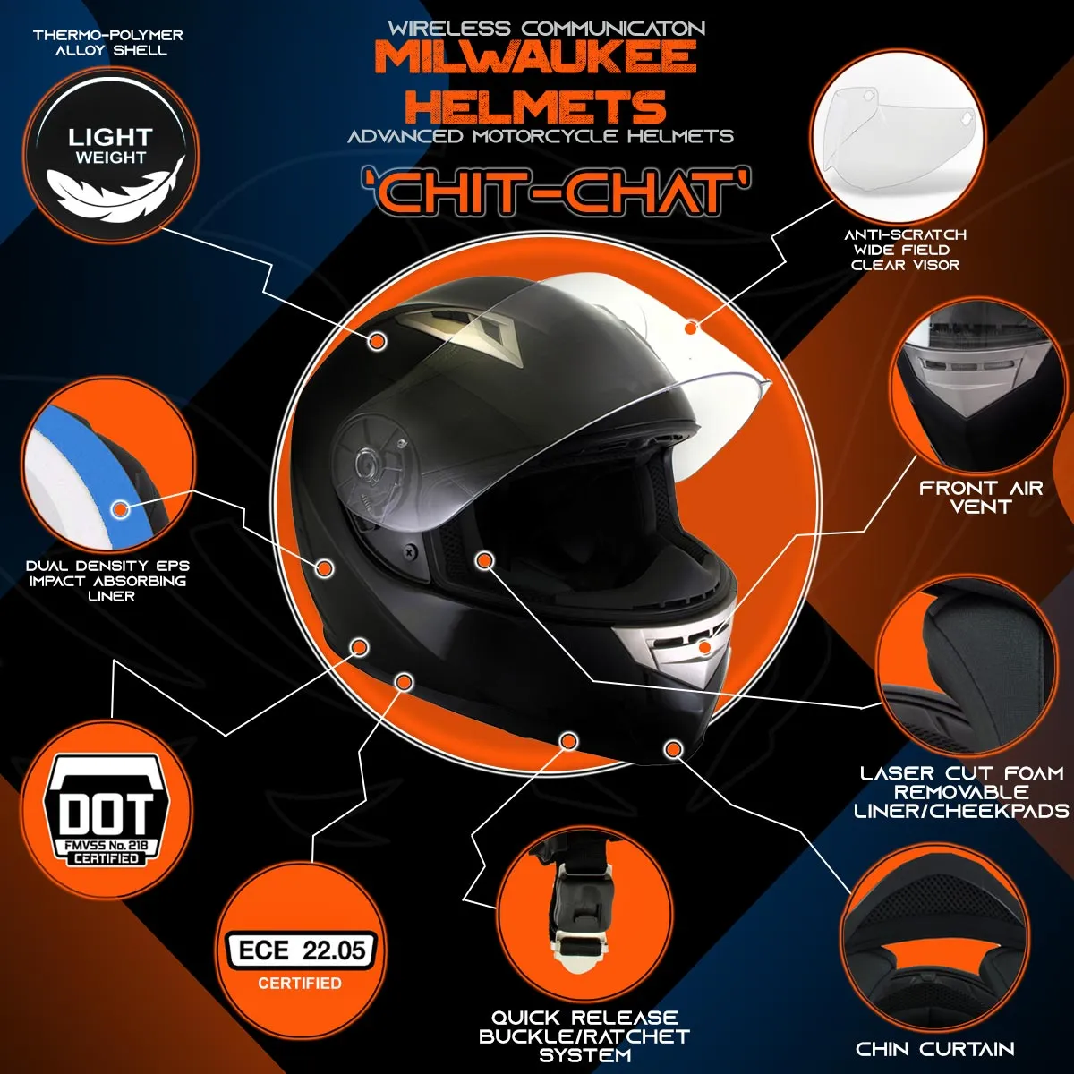 H510 Gloss Black 'Chit-Chat' Full Face Motorcycle Helmet w/ Intercom - Built-in Speaker and Microphone for Men / Women