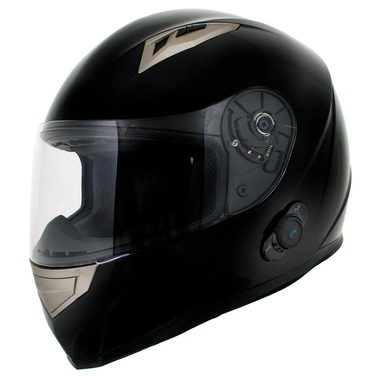 H510 Gloss Black 'Chit-Chat' Full Face Motorcycle Helmet w/ Intercom - Built-in Speaker and Microphone for Men / Women