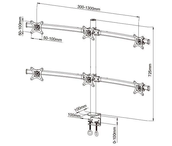 Hex Monitor Stand Desk Mount for 6 Screens, Fully Adjustable, 24 inch Screen, VESA 75x75 and 100x100, 10 KG per Monitor Weight Limit 6MS-CT