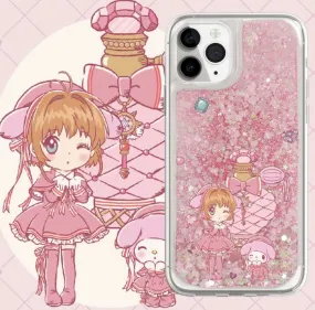 Japanese Anime CardCaptorSakura Sakura My Melody - Silver Pink Heart Glitter QuickSand iPhone Case 6 7 8 PLUS SE2 XS XR X 11 12 13 14 15 Pro Promax 12mini 13mini