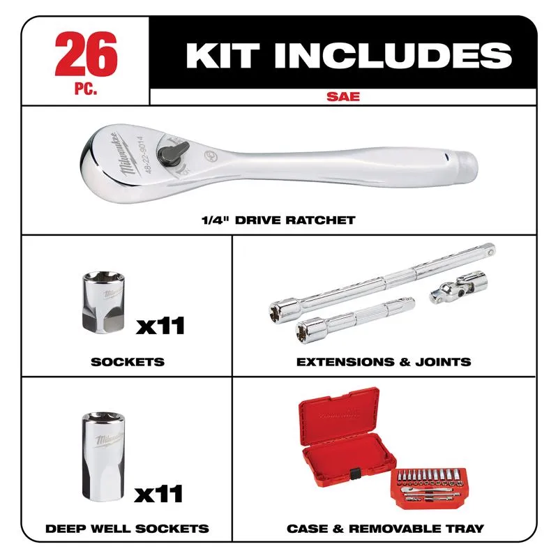 Milwaukee 1/4 in. drive SAE Ratchet and Socket Set 90 teeth