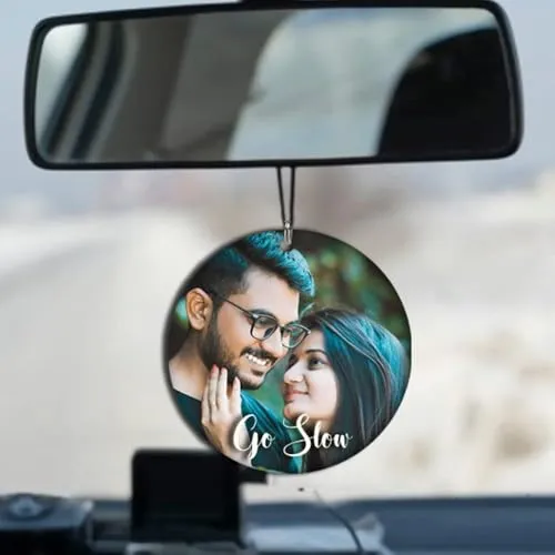 Personalized Photo & Message Printed Car Rear Mirror Hanging Plaque | Material Acrylic With UV Coating | Shape Circle Size 3X3 Inch, Pack Of 1