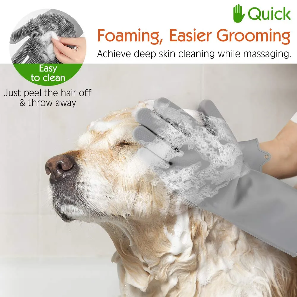 Pet Grooming Gloves, Silicone Hair Remover Brush Glove with High Density Teeth Brush, Gentle Bathing Shampoo Massage Gloves