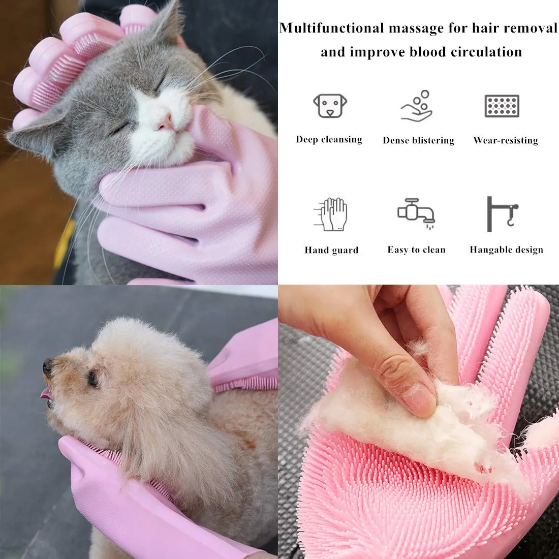 Pet Grooming Gloves, Silicone Hair Remover Brush Glove with High Density Teeth Brush, Gentle Bathing Shampoo Massage Gloves