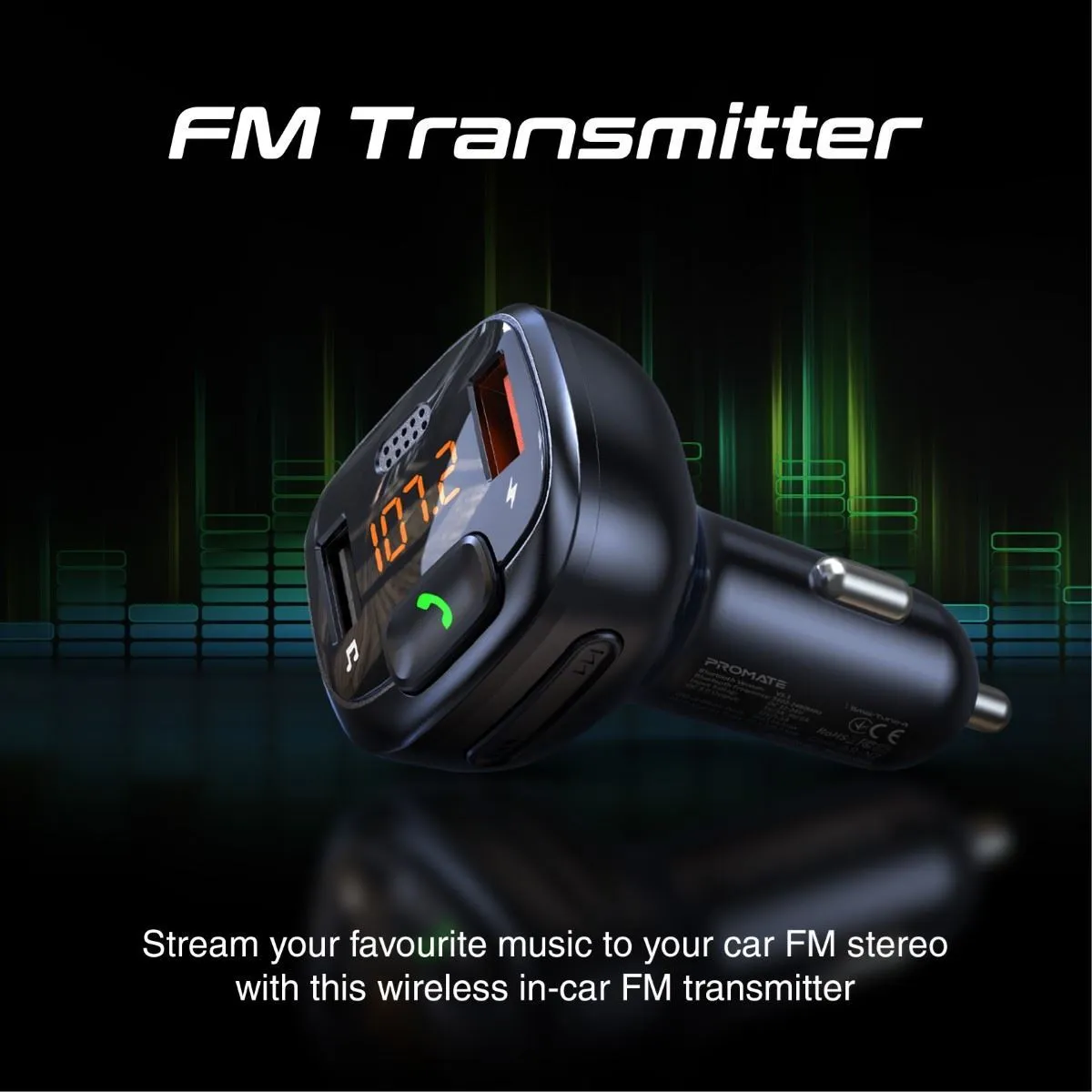 PROMATE Wirless In-Car FM Transmitter with Handsfree & QC3.0. Bult-in Mic, Bluetooth, SD Card Slot, Frequency Range 87.5-108MHz, Output 5V/2.4A. Black Colour