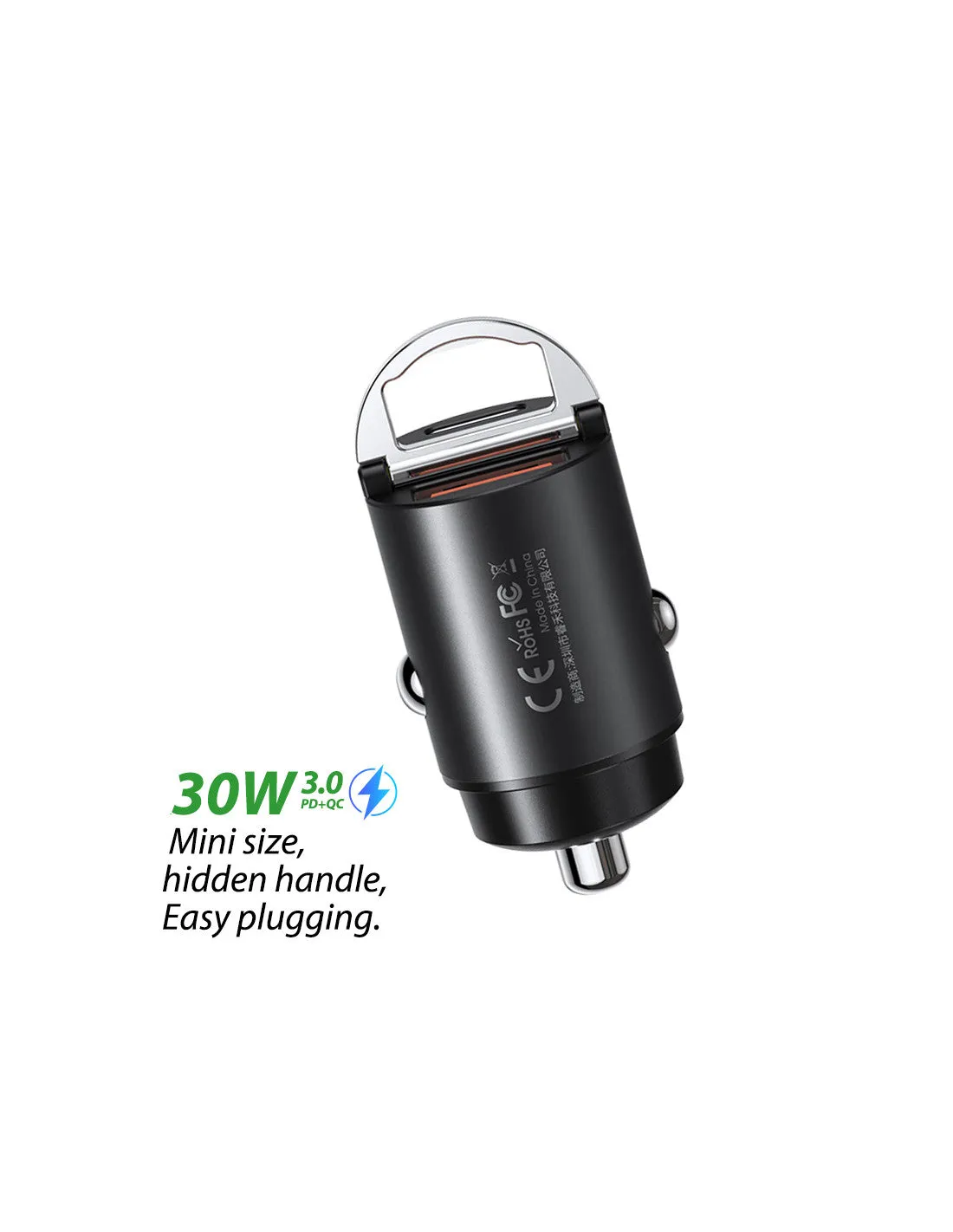 Remax 30W PD   QC Fast Car Charger, Compact 39.7x20.6x20.6 mm, Dual Connection (USB-A & USB-Type C), 5V Output, Black, Lightweight 20g Design