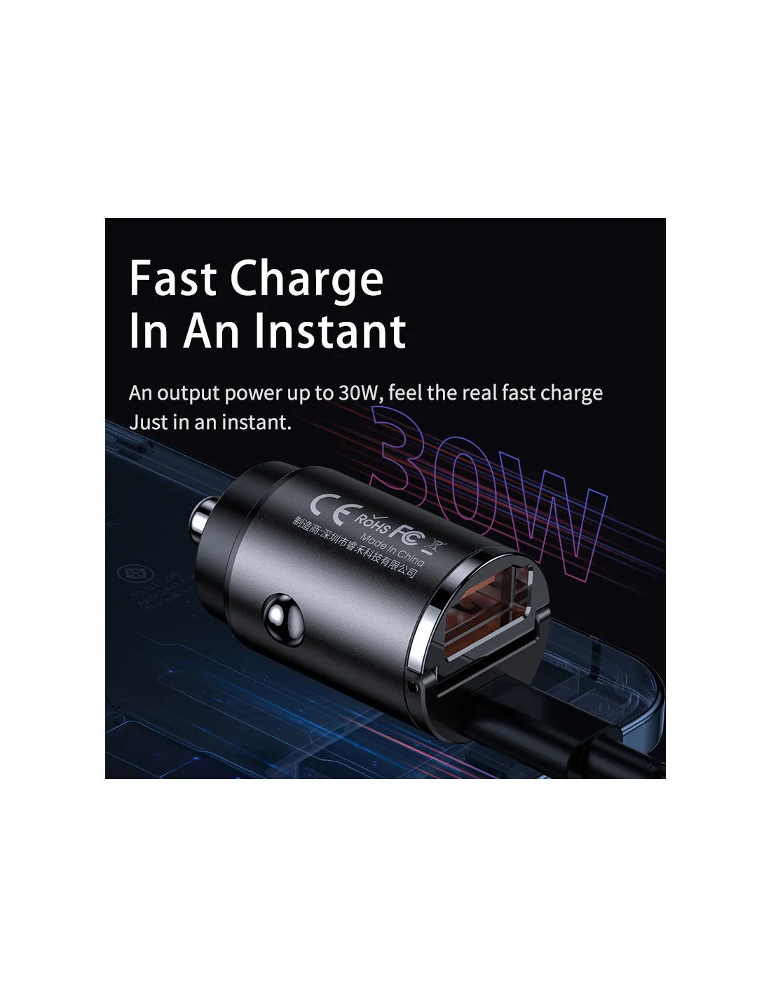 Remax 30W PD   QC Fast Car Charger, Compact 39.7x20.6x20.6 mm, Dual Connection (USB-A & USB-Type C), 5V Output, Black, Lightweight 20g Design