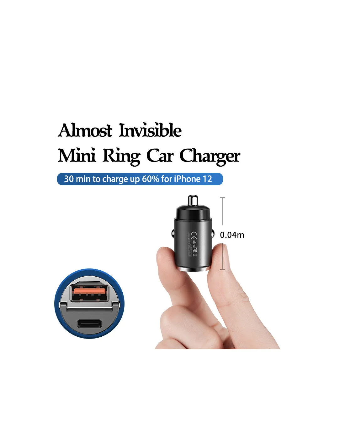 Remax 30W PD   QC Fast Car Charger, Compact 39.7x20.6x20.6 mm, Dual Connection (USB-A & USB-Type C), 5V Output, Black, Lightweight 20g Design