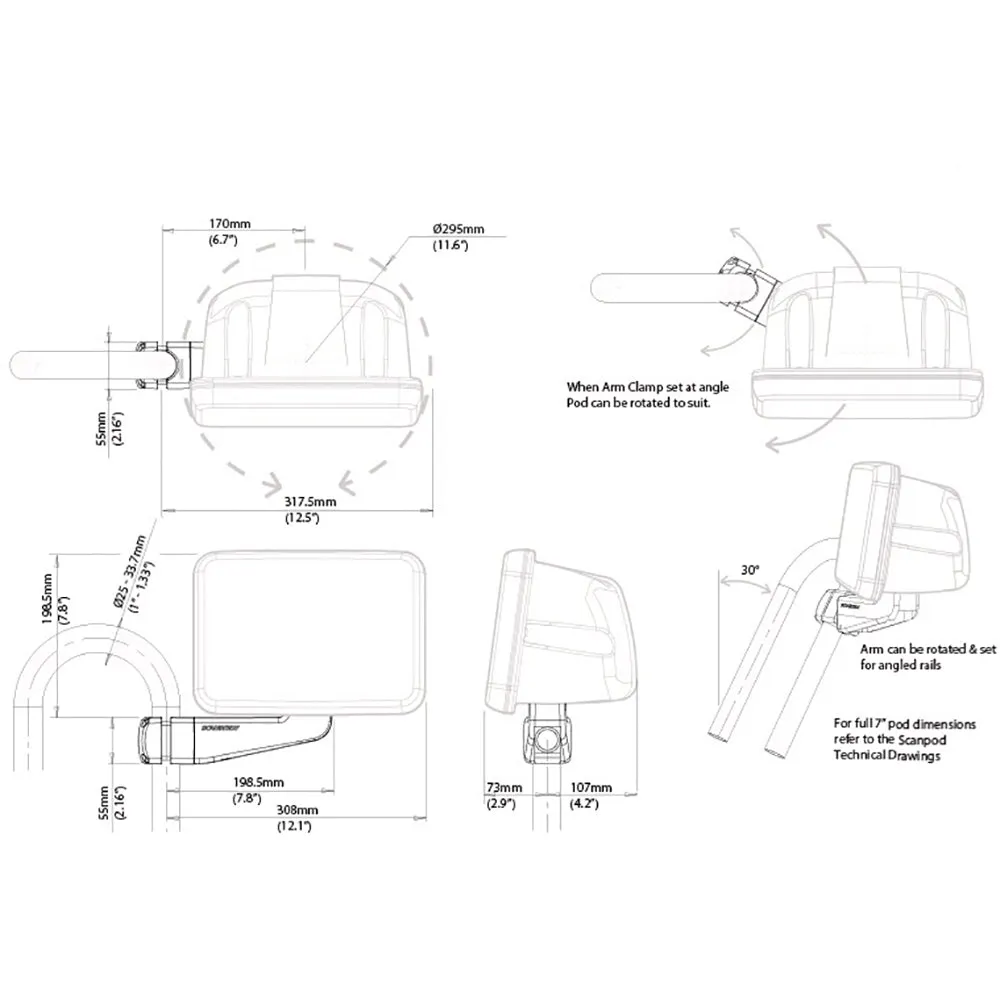 Scanstrut Scanpod 7" Instrument Pod - Uncut - Arm Mounted Fits 1" - 1.3" Rails