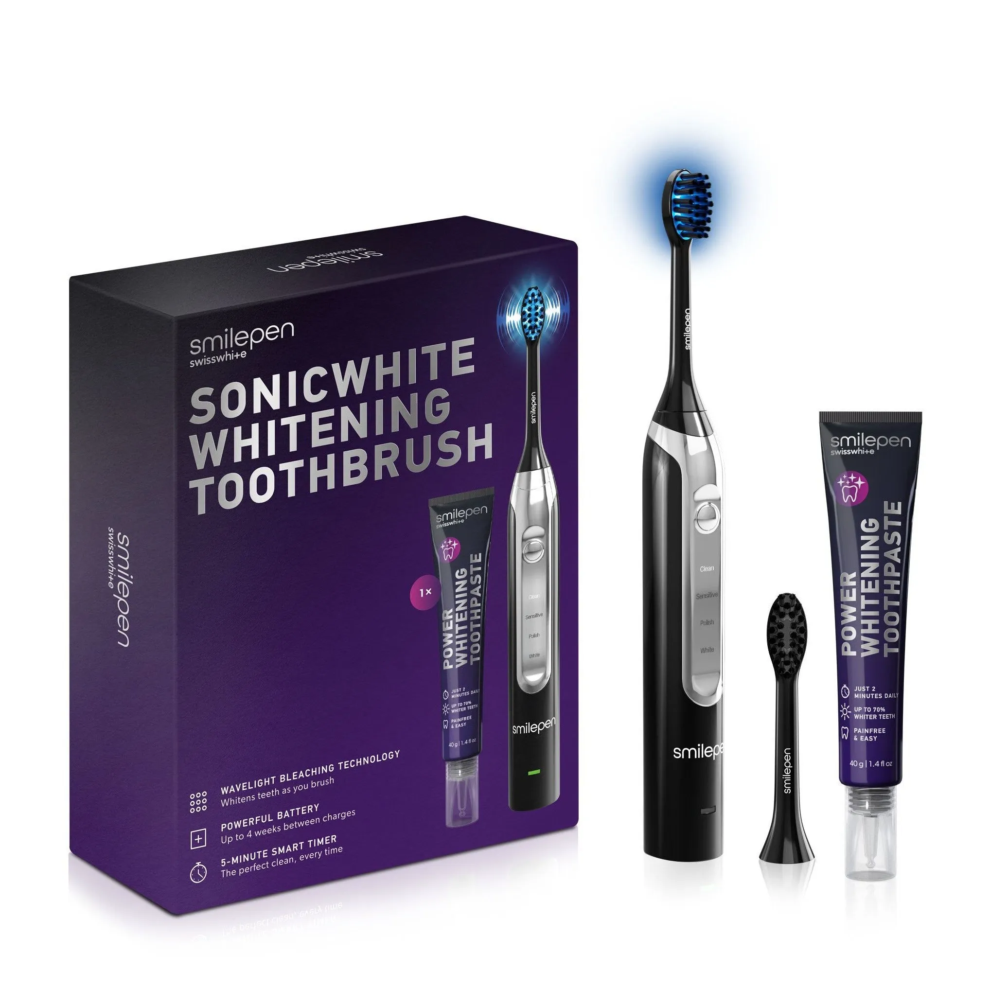 smilepen - Sonicwhite Whitening Toothbrush Sonic Toothbrush for Teeth Whitening (SPCSBT) - Black / Silver