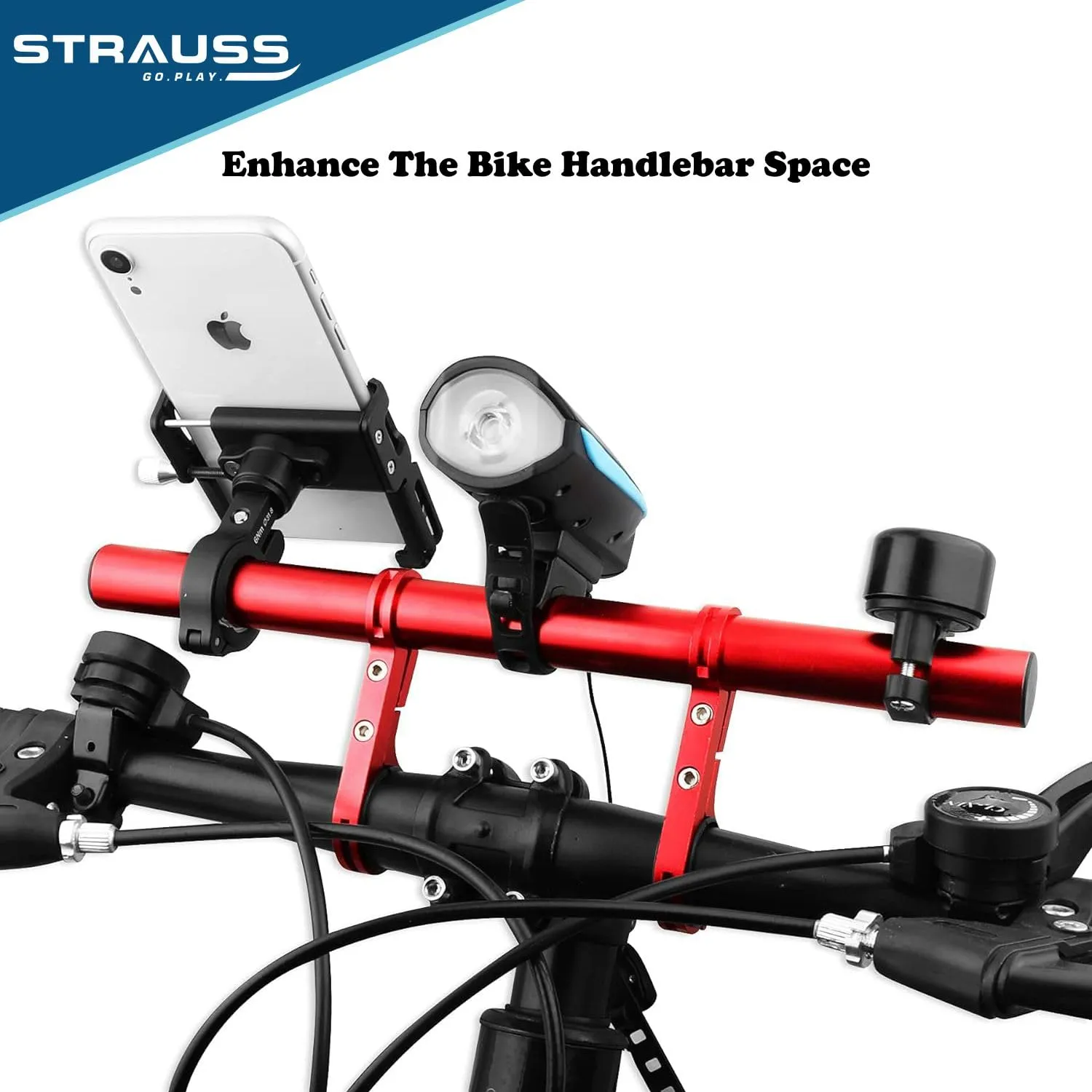 STRAUSS Cycle Handle Bar Extender | Lightweight Durable Bicycle Handle Bar Extension Bracket | Ideal For Holding Motorcycle & E-bike Lamp Speedometer, GPS Phone | Cycling Accessories,(Red)