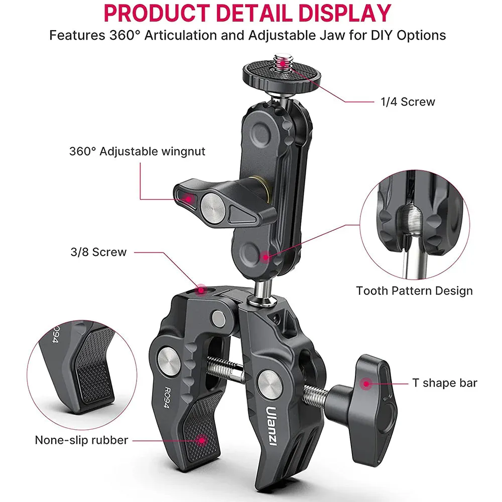 Ulanzi R094 Super Clamp with 360° Dual Mini Ball Head Arm, 0.5 to 2.4" Clamping Capacity, 1/4"-20 & 3/8"-16 Mounting Screws for Phone Clip, GoPro Mount, DSLR, SLR, Mirrorless, Action Camera | 2638